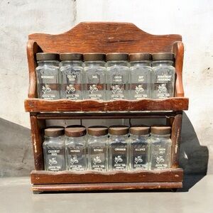VINTAGE WOODEN SPICE RACK WITH 12 GLASS JARS